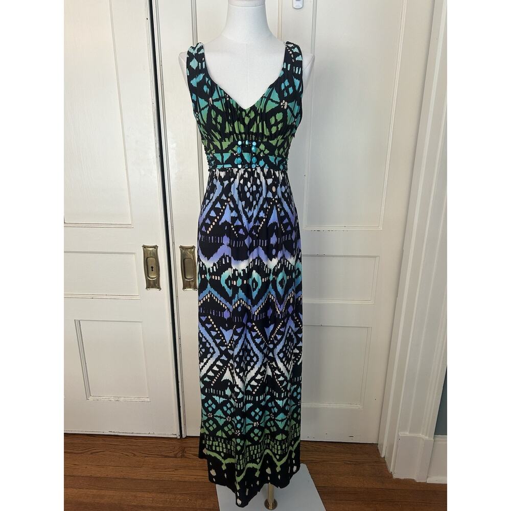 Vintage Y2K B. Smart Geometric Print Maxi Dress Womens Size 8 Blue Green Whimsy